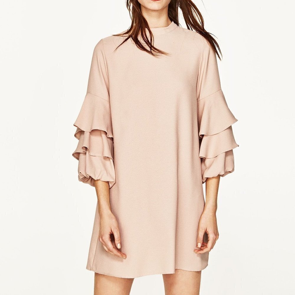 Zara Tan color ruffle sleeve mini dress Size M
